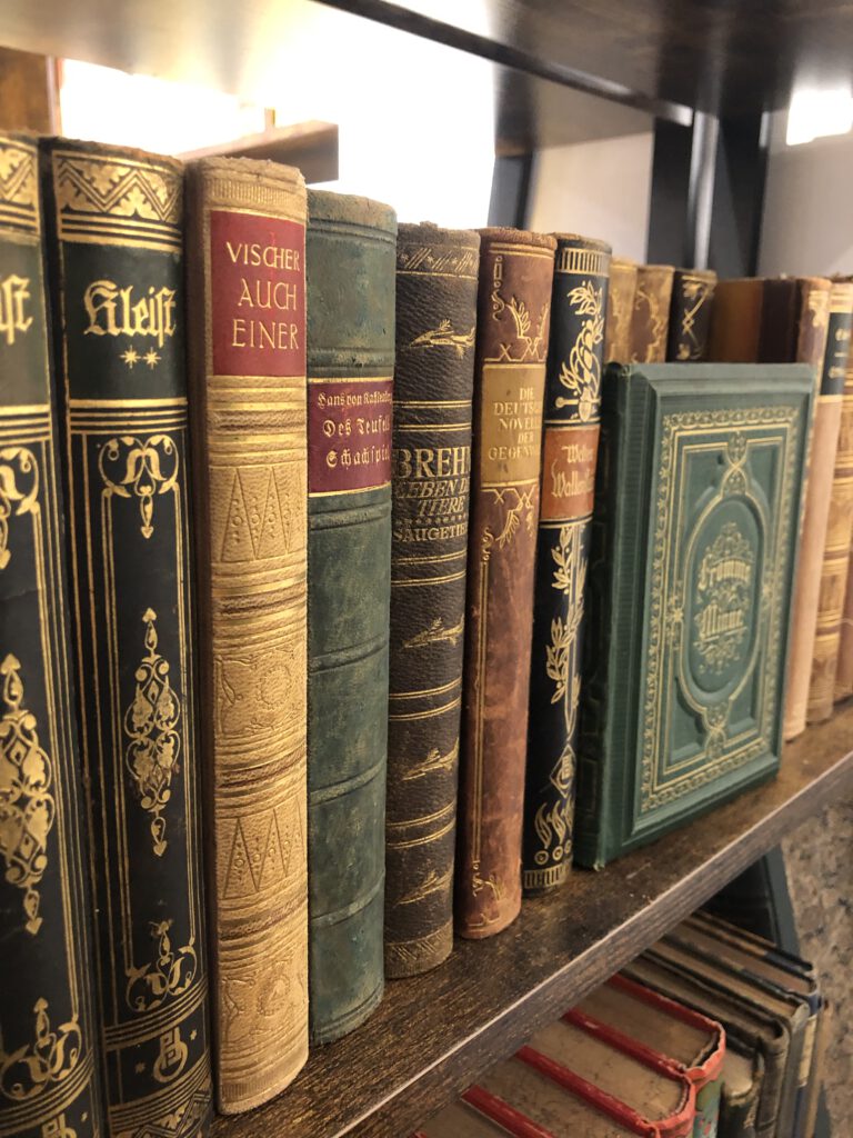 Alte Bücher mit goldgeprägten Einbänden im Antiquariat